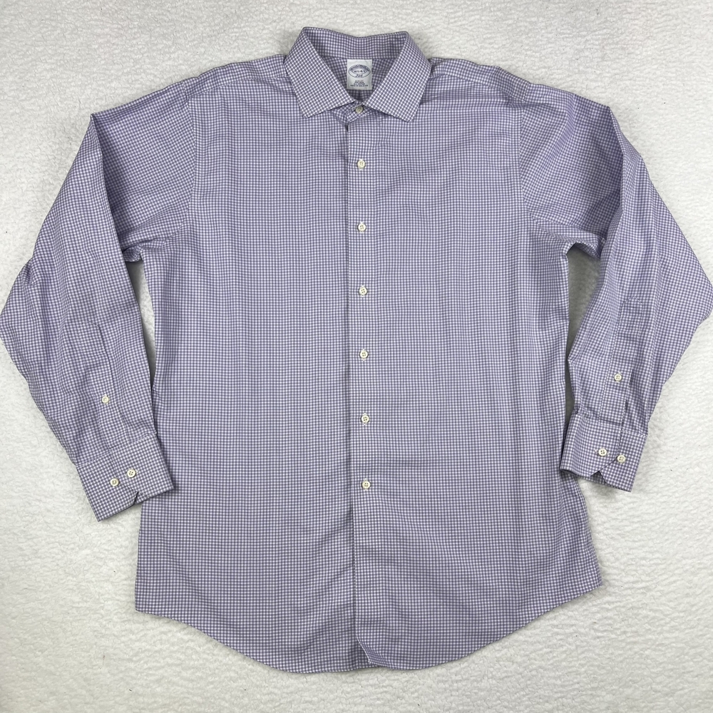Brooks Brothers Shirt Mens 16 1/2 Slim Fit Non-Iron Purple Check Plaid Dress 346